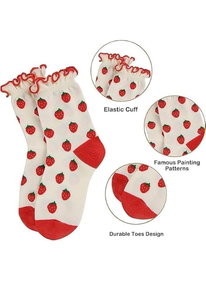 CLENEA Women's Crew Socks, Funny Novelty Ruffle Socks, Multicolor Fruit Patterned Cotton Dress Socks, Soft Breathable Mid-Calf Socks for Women and Girls - Image 4